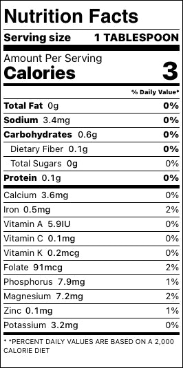 Nutrition facts label for sea moss gel with 0 sugar and 3 calories per tablespoon