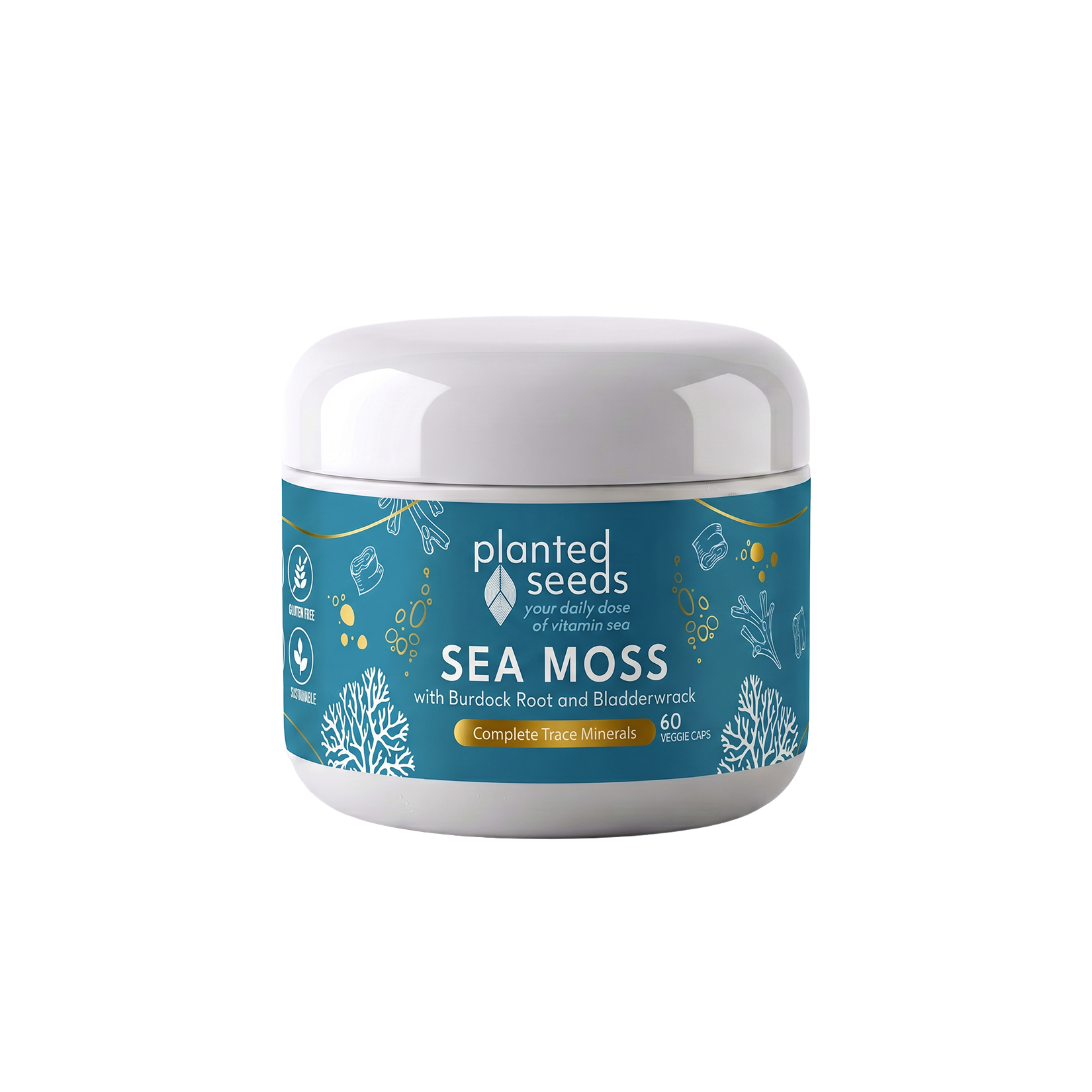 Planted Seeds Sea Moss Complete Trace Minerals Capsules - organic sea moss with organic bladderwrack and organic burdock root, a complete source of all 102 trace minerals our bodies require for healthy function.