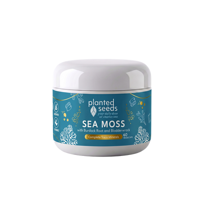 Planted Seeds Sea Moss Complete Trace Minerals Capsules - organic sea moss with organic bladderwrack and organic burdock root, a complete source of all 102 trace minerals our bodies require for healthy function. 