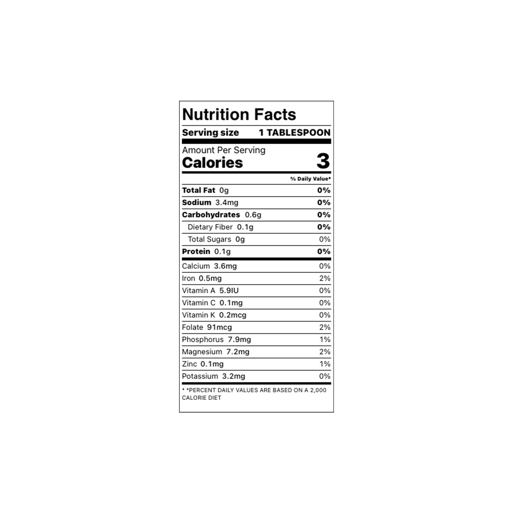 A Nutrition Facts label for Planted Seeds sea moss, showing serving size 1 tablespoon, calories 3, and a detailed nutrient table on a white background.