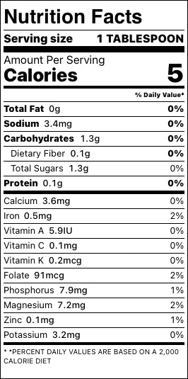 Nutrition facts label for sea moss gel with 5 calories per tablespoon