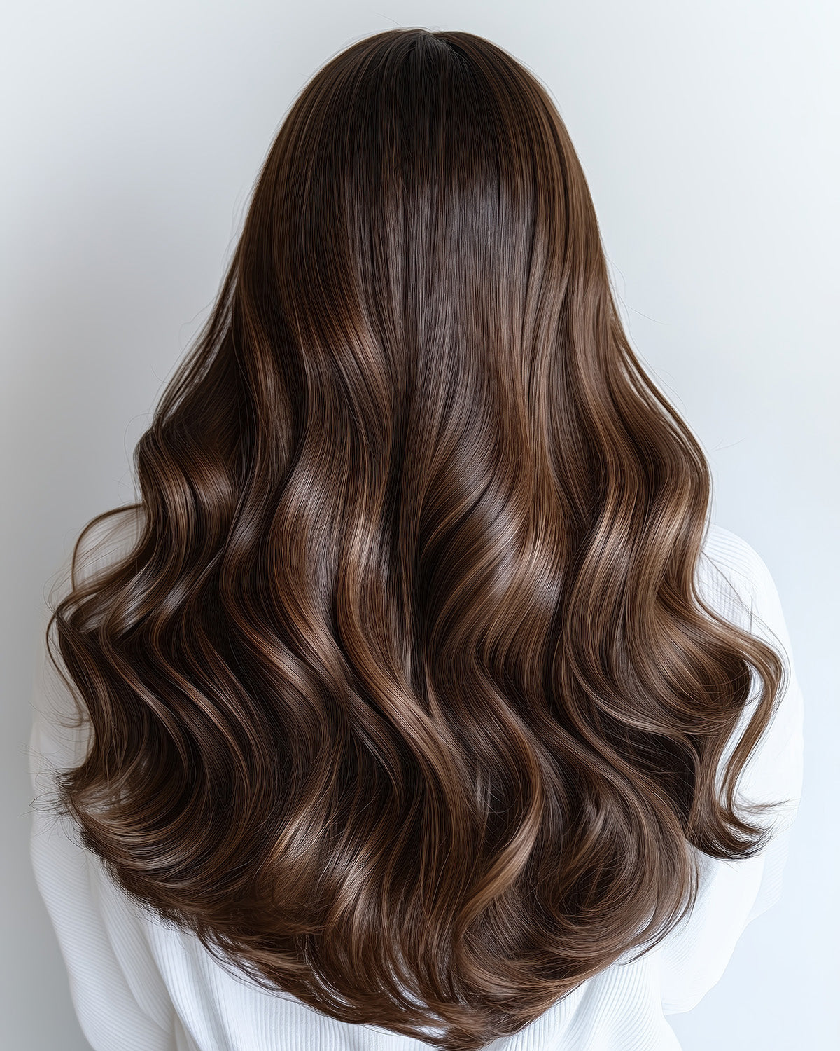 Long, wavy brown hair on a plain background